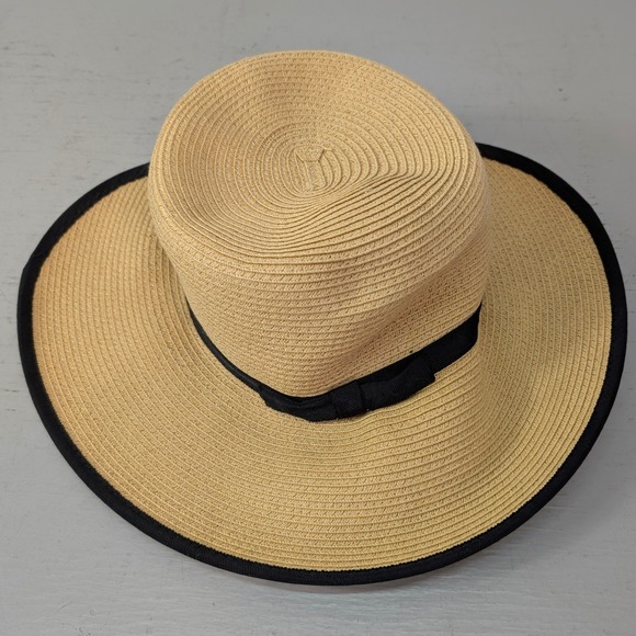 C.C Exclusives Accessories - C.C Exclusives Women Tan Straw Sun Hat‎ Wide Brim Black Ribbon Trim Vacay Size L